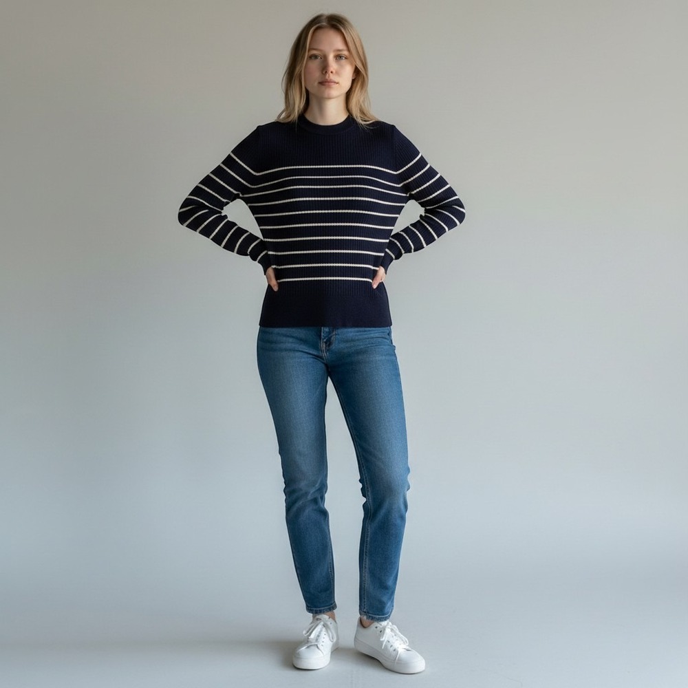 Nili Lotan Sweater Women XXS Navy Striped Cotton Cashmere Wool Crewneck Knit